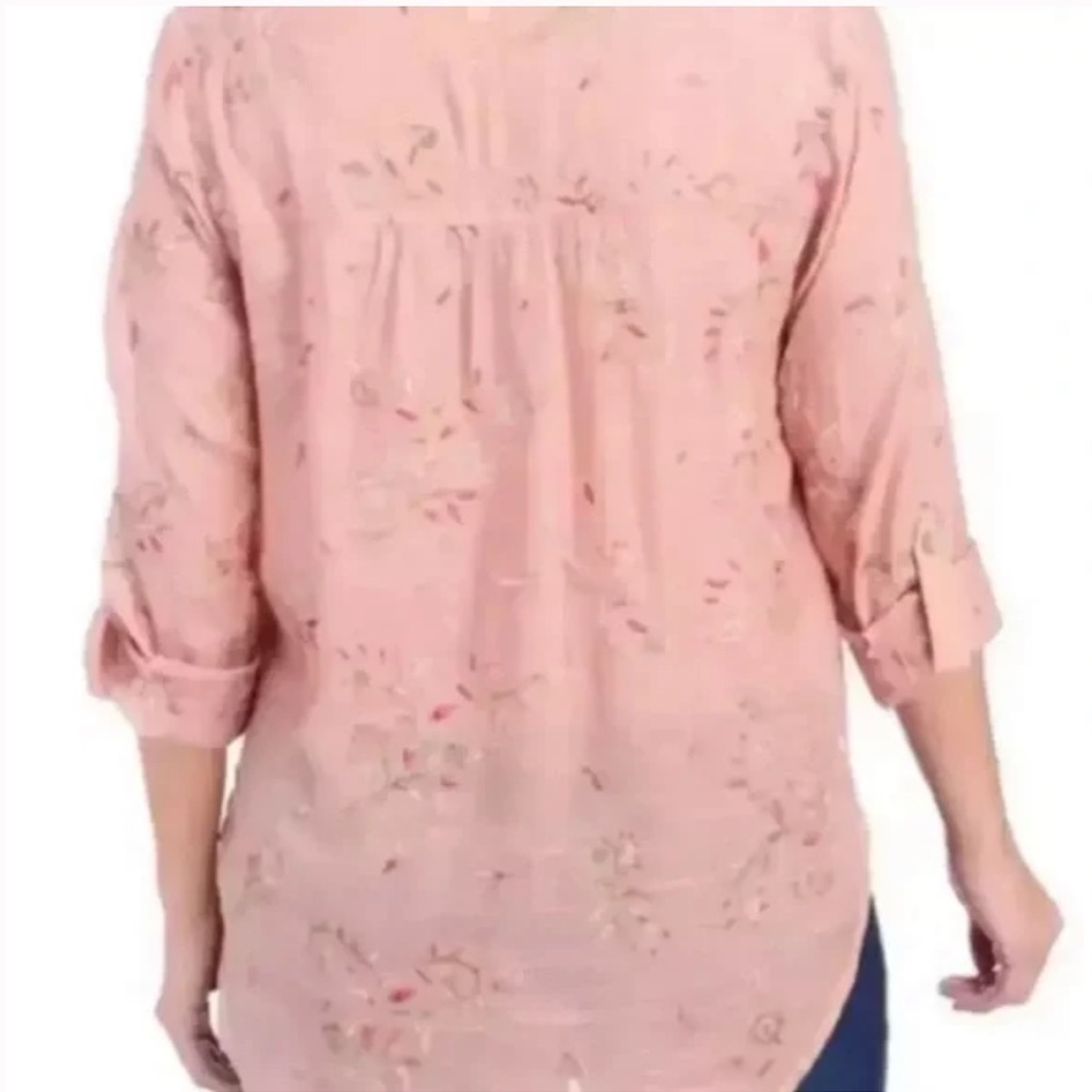 Anthropologie Fig & Flower Embroidered Floral Button Down Roll Tab Sleeve - Picture 3 of 13